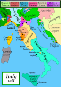 Political map of Italy in early 1494, © Copyright Wikimedia https://commons.wikimedia.org/wiki/File:Italy_1494_AD.png